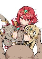 1boy 3girls big_penis blonde_hair blowjob gatyo_5 green_hair heart large_penis licking_penis light_skin mythra nia nia_(xenoblade) pubic_hair pyra red_eyes red_hair saliva stray_pubic_hair tagme xenoblade_(series) xenoblade_chronicles_2 yellow_eyes