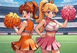 2girls ai_generated aimoonshine ass blonde_hair blue_eyes blue_sky blush brown_hair cheerleader cleavage cleavage_cutout cowboy_shot crop_top crown duo earrings from_behind hand_on_hip holding large_breasts long_hair looking_at_viewer looking_back mario_(series) medium_hair midriff mini_crown miniskirt nintendo open_mouth orange_crop_top orange_shirt orange_skirt outdoors parted_lips pink_crop_top pink_shirt pink_skirt pom_pom_(cheerleading) pom_poms ponytail princess_daisy princess_peach skirt sleeveless smile stadium thick_thighs