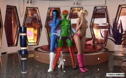 3d 3girls black_hair black_shorts blonde_hair blue_skin blue_skinned_female boots chiss green_skin green_skinned_female high_heel_boots mirialan multiple_girls orange_hair panties pink_boots pink_panties red_boots short_shorts star_wars thigh_boots three_elves topless topless_female underwear white_boots white_panties