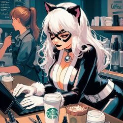 2girls ai_generated big_breasts black_cat_(marvel) breasts cleavage coffee felicia_hardy female female_only large_breasts light_skin light_skinned_female marvel starbucks white_hair