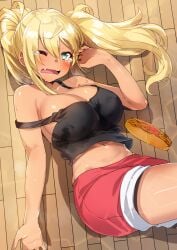 bare_arms bare_shoulders black_shirt blonde_hair blush breasts cleavage commentary_request dark-skinned_female dark_skin dumbbell_nan_kilo_moteru? female gal green_eyes gyaru gyaru_gal hand_up highres kuro_gyaru large_breasts long_hair looking_at_viewer lying midriff navel no_bra oerba_yun_fang on_back one_eye_closed open_mouth red_shorts sakura_hibiki shirt short_shorts shorts sidelocks sleeveless sleeveless_shirt solo stomach strap_slip sweat tank_top tears twintails wooden_floor yakisoba yakisobapan yamacchi