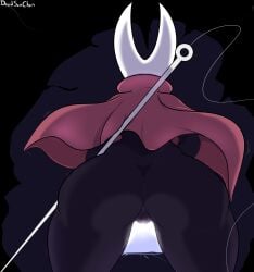 2023 2_horns anthro anus arthropod artist_name ass black_arms black_body black_butt bodily_fluids cave cloak clothing davidsanchan digital_drawing_(artwork) digital_media_(artwork) female fighting_pose genital_fluids genitals hi_res holding_object holding_weapon hollow_knight horn hornet_(hollow_knight) insects looking_forward low-angle_view motion_lines nail_(weapon) pose pussy rear_view red_cloak silk solo team_cherry text thick_thighs vaginal_fluids weapon white_text wide_hips