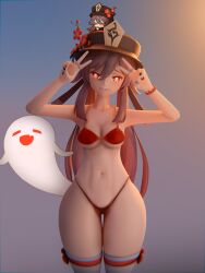 3d 3d_(artwork) big_ass bikini bikini_bottom bikini_top genshin_impact hu_tao_(genshin_impact) jinushi_san medium_breasts small_breasts smile solo thick_thighs thighhighs thighs tongue wide_hips