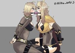 2girls alternate_costume alternate_hair_color bare_thighs black_eyes black_nails blonde_hair bodystocking breasts cape cleavage cosplay dildo dildo_gag double_dildo female female_only fire_emblem fire_emblem_awakening fire_emblem_fates gag green_eyes kneeling large_breasts lock looking_at_another milla_arts morgan_(fire_emblem) morgan_(fire_emblem)_(female) multiple_girls multiple_subs nail_polish nintendo open_mouth_gag ophelia_(fire_emblem) oral panties sex_toy tharja_(fire_emblem)_(cosplay) thighhighs thighs underwear yellow_hair yellow_panties yuri