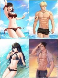 ahoge arm_tattoo beach black_bikini black_hair blue_eyes boxers eryx45 muscular_male qrow_branwen raven_branwen red_bikini red_eyes red_hair rwby silver_eyes stud summer_rose taiyang_xiao_long