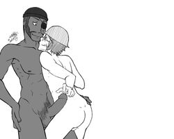 2boys 2d artist_signature backsack barely_visible_balls dark-skinned_male demoman demoman_(team_fortress_2) erection eye_patch facial_hair finger_on_penis glasses half-closed_eyes hand_on_ass hand_on_hip helmet human human_male human_only imminent_kiss looking_at_partner male male_nipple male_only medium_hair nude pubic_hair soldier soldier_(team_fortress_2) team_fortress_2 watch_cap white_background yaoi