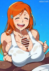 :d ai_generated aigatari bleach clothed_female dark-skinned_male female huge_breasts inoue_orihime interracial paizuri precum smile titjob