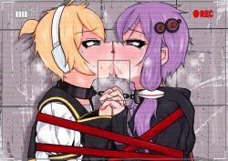 blushing_at_another bondage bound_together chained_together collar crying_with_eyes_open duo eye_contact forced_kiss forced_partners humiliation kagamine_len kidnapped konami_yotsuba linked_collar multiple_subs recording tied_together yuzuki_yukari
