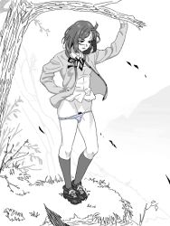 bad_drawr_id bad_id bare_tree cardigan character_request closed_mouth copyright_request falling_leaves female female_pubic_hair francine_(daijaemon) full_body grass greyscale hand_in_pocket jacket kneehighs leaf long_sleeves monochrome neck_ribbon no_pants oekaki one_eye_closed open_cardigan open_clothes outdoors panties panty_pull pubic_hair ribbon school_uniform shirt shoes short_hair sneakers socks solo standing striped_clothes striped_panties tree underwear wind