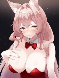 2024 animal_ears arknights bare_shoulders black_background bow bowtie breasts detached_collar dr.lamina female hand_on_own_chest hi_res large_breasts leotard long_hair looking_at_viewer pink_eyes pink_hair pozyomka_(arknights) red_bow red_bowtie red_leotard simple_background smile solo strapless strapless_leotard upper_body very_long_hair wolf_ears