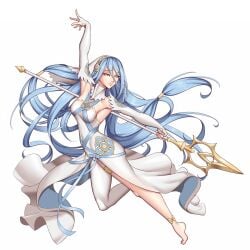 1girls armpits asymmetrical_clothes asymmetrical_legwear azura_(fire_emblem) bare_legs barefoot blue_hair breasts cleru_(cleruuuuu) dancer dancing elbow_gloves female female_only fingerless_gloves fire_emblem fire_emblem_fates gloves hair_between_eyes legs light_blue_hair long_hair nintendo panties pose small_breasts smile solo spear tiptoes underwear very_long_hair weapon white_background white_panties yellow_eyes