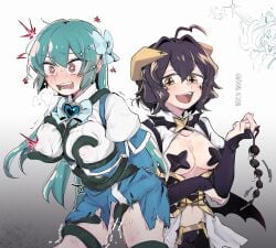 2girls ahoge an_sin anal_beads arms_behind_back black_hair blush bondage bound bow breast_grab breasts corset drooling fangs female femdom femsub forward_facing_horns gloves green_hair hairbow heart heart_ahoge highres hiiragi_utena korean_commentary long_hair magia_azul magia_baiser magical_girl mahou_shoujo_ni_akogarete medium_breasts medium_hair midriff minakami_sayo molestation multiple_girls navel open_mouth pasties red_eyes sex_toy sex_toy_pull simple_background smile star-shaped_pupils star_(symbol) star_pasties sweat symbol-shaped_pupils teeth tentacle tentacle_sex torn_clothes upper_teeth_only vaginal_penetration white_background yellow_eyes yuri