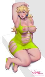 1girls arm_up armpits big_breasts blonde_hair blue_eyes bodycon choker earrings female high_heels lying mario_(series) nude pinkdrawz princess_peach sitting solo_female veiny_breasts