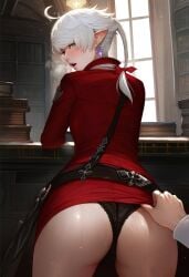 ai_generated alisaie_leveilleur back_view blue_eyes blush blush blushing_at_viewer elezen elf elf_ears elf_female elf_girl final_fantasy final_fantasy_xiv hand_on_ass library looking_at_viewer panties ponytail pulling_skirt red_clothing ribbon square_enix sweat undies white_hair