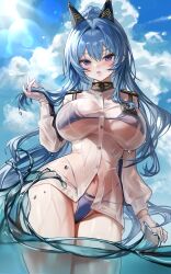 1girls bikini blue_eyes blue_hair blush female_only goddess_of_victory:_nikke helm_(aquamarine)_(nikke) helm_(nikke) large_breasts long_hair ocean shirt thick_thighs water wet wet_body wet_clothes wide_hips