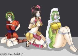 3girls arms_behind_back bare_legs barefoot bondage bound breasts brown_eyes brown_hair cleavage dancer earrings female female_only femsub fingerless_gloves fire_emblem fire_emblem:_thracia_776 gag gloves green_eyes green_hair inner_sideboob kneeling lara_(fire_emblem) large_breasts legs long_hair medium_breasts medium_hair milla_arts multiple_girls multiple_subs nintendo nun pelvic_curtain ponytail restrained rope_bondage safy_(fire_emblem) sideboob sitting tina_(fire_emblem) very_long_hair