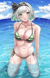 1girls absurdres bikini black_hairband black_headwear blue_sky blush breasts cleavage cloud colored_inner_hair female female_focus female_only female_solo full_body girl girl_only green_bikini green_eyes green_hair grey_hair groin hair_intakes hairband halterneck highres horizon hossy konpaku_youmu large_breasts looking_at_viewer multicolored_hair navel o-ring o-ring_bikini ocean only_female open_mouth outdoors partially_submerged seiza short_hair side-tie_bikini_bottom sitting sky solo solo_female solo_focus string_bikini striped_bikini striped_clothes swimsuit touhou two-tone_bikini white_bikini youmu_konpaku