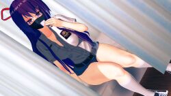 1girls breasts clothed date_a_live female female_only light-skinned_female long_hair mask open_clothes open_shirt purple_eyes purple_hair thighs yatogami_tohka