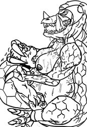 barefoot bowser breasts claws female interspecies jiggawhat koopa kraid male mario_(series) metroid monochrome nintendo nipples open_eyes open_mouth rule_63 sharp_teeth shell side_view sitting size_difference straight tongue white_background