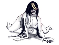 1girls ass big_ass big_breasts black_hair breasts child_bearing_hips doll_dol1 fangs female ghost ghost_girl hair_between_eyes horror large_breasts light-skinned_female light_skin ofuda on_knees open_mouth pale-skinned_female pale_skin sketch talisman teeth tongue tongue_out wide_hips yamamura_sadako