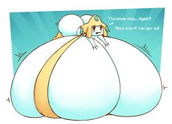 1girls anthrofied ass_bigger_than_head breast_expansion breast_squish breasts_bigger_than_body english_text game_freak generation_3_pokemon hi_res huge_ass huge_butt huztar hyper hyper_breasts jirachi lying_on_breasts massive_breasts mythical_pokemon nintendo pokémon_(species) pokemon pokemon_(species) self_lying shortstack simple_background teasing white_body