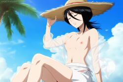 1girls adjusting_hat adjusting_headwear ai_generated artist_name artkoikoi beach bikini bikini_bottom black_hair bleach bleach:_the_thousand-year_blood_war breasts cleavage closed_eyes commentary female female_focus flat_chest hat headwear koikoi kuchiki_rukia kuchiki_rukia legs_together light-skinned_female light_skin long_hair nai_diffusion nipples off_shoulder outdoors patreon_username petite petite_body petite_female pettanko seaside short short_female shoulder_length_hair sitting skirt small_breasts smaller_female stable_diffusion straw_hat summer_hat text url watermark web_address