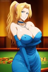 1girls ai_generated alternate_costume alternate_hairstyle arm_gloves arm_under_breasts armwear artist_name artkoikoi big_breasts bleach blonde_hair blue_dress blue_eyes breasts casino casino_card_table choker cleavage collar commentary curvaceous curves curvy curvy_body curvy_female curvy_figure dress facing_viewer fancy fancy_clothing female female_focus formal formal_clothes front_view gloves hourglass_figure huge_breasts jewelry koikoi large_breasts light-skinned_female light_skin long_gloves long_hair matsumoto_rangiku mommy nai_diffusion necklace no_bra no_bra_under_clothes oppai poker_table ponytail revealing_clothes solo stable_diffusion strapless strapless_dress tied_hair url very_long_hair voluptuous voluptuous_female watermark wavy_hair web_address wide_hips