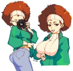 1girls 3amsoda ace_attorney ass big_breasts boobs_and_butt_pose breasts capcom curvy earrings gyakuten_saiban holding_camera holding_object hoop_earrings jeans light-skinned_female light_skin looking_at_viewer lotta_hart smile smiling solo tagme voluptuous voluptuous_female