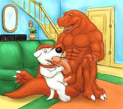 abs anthro balls brian_griffin canine claws dinosaur dj_mixer duo erection family_guy furry furry_only gay happy humanoid_penis interspecies male male_only no_humans oral penis scalie t-rex toe_claws