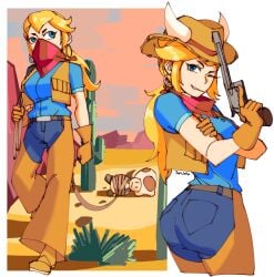 3amsoda ass at clothing cowgirl cowgirl_outfit cowgirl_peach female firearm handgun headwear holding_weapon human looking mario_(series) pale_skin princess_peach princess_peach:_showtime! revolver tagme toad_(mario) viewer weapon