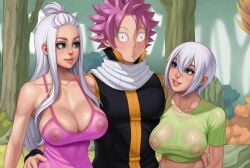 1boy 2girls abyssdagon areolae_visible_through_clothing blue_eyes fairy_tail imminent_sex implied_boner implied_erection implied_popping_a_boner large_breasts lisanna_strauss looking_at_partner mirajane_strauss muscular_male natsu_dragneel nipples_visible_through_clothing pink_hair scared see-through_clothing sisters smile surprise_erection surprised_boner threesome white_hair