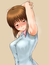 1girls armpits arms_behind_head artist_request blush breasts brown_eyes brown_hair hagiwara_yukiho highres idolmaster looking_at_viewer medium_breasts naughty_face pose sakatashikibu seductive seductive_look seductive_smile sexy_armpits shirt short_hair sleeveless sleeveless_shirt smile sweat tagme