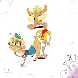 anthro blond_hair camp_lazlo cartoon_network cum deer female furry interspecies jane_doe male mammal moose orgasm pants_down scoutmaster_lumpus slinkman spying straight thegalen voyeurism