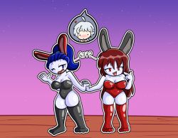 airi_void bell_nova black_bunny_ears black_bunnysuit blue_eyes blue_hair canon_couple fnf fnf_mod fnf_mods friday_night_funkin friday_night_funkin_mod fumi_void heart ponytail red_bunny_ears red_bunnysuit red_eyes smile staring_at_viewer text white_skin