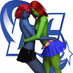 3d brainiac_8 coluan dc evolluisionist female female_only hugging indigo_(dc) miniskirt miss_martian multiple_girls outsiders skirt standing yuri