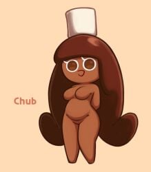 arms_behind_back belly breasts brown_eyes brown_hair chubby chubby_female cocoa_cookie cookie_run cookie_run_kingdom curvy curvy_female curvy_figure dark-skinned_female dark_skin eyelashes featureless_breasts hands_behind_back nude open_mouth smile soff_doll tagme