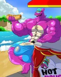 absurd_res anthro anthro_only bara big_penis brawl_stars dinosaur doug_(brawl_stars) gay genitals hi_res male male/male muscular muscular_male orcami_(artist) penis reptile scalie solo supercell_(company)