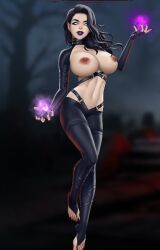 big_breasts black_clothing black_hair boobs_out breasts_out demon demon_girl demoness fair_skin female female_focus female_only game_character game_screenshot idle_lust magic magic_user naked_breasts nutaku pointy_ears purple_lipstick succubus topless white_eyes