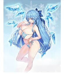 aged_up alternate_breast_size alternate_hair_length alternate_hairstyle ass bikini blue_bow blue_eyes blue_hair bow breasts bursting_breasts cirno cirno-nee cleavage covered_erect_nipples cropped_legs curvy female hair_intakes hairbow hand_on_own_hip highres huge_breasts ice ice_wings kiyama_satoshi long_hair mature_female micro_bikini navel open_mouth side-tie_bikini_bottom sidelocks skindentation solo standing swimsuit thick_thighs thighs touhou tsurime underboob white_background wide_hips wings