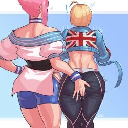 ! 2girls ass blonde_hair cammy_white capcom female female_only fingering fingering_through_clothes groping heart hi_res loggus_doggus manon_legrand molestation pink_hair rear_view sexual_harassment street_fighter street_fighter_6 yuri