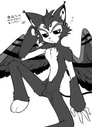 anthro balls demon domestic_cat enaic31 felid feline felis flaccid genitals hazbin_hotel hi_res humanoid_genitalia humanoid_penis husk_(hazbin_hotel) japanese_text male mammal monochrome nude penis solo solo_male text translation_request wings