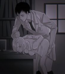1boy1girl annie_leonhardt attack_on_titan bertolt_hoover clothed_sex dark_room desk_sex dominant_male dominant_male_submissive_female from_behind_position hair_pull hands_tied_behind_back kuobi_meon marley_military_uniform mouth_covered pulling_hair questionable_consent rough_sex sex_on_desk shingeki_no_kyojin submissive_female