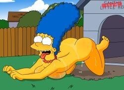 1girls 20th_century_fox 20th_century_studios accurate_art_style ahe_gao all_fours ass blue_hair bodily_fluids breast_squish dog_girl doggy_style doghouse female female_only gkg human marge_simpson necklace no_visible_genitalia nude open open_mouth outdoors solo sweat the_simpsons tongue tongue_out toony yellow_body yellow_skin