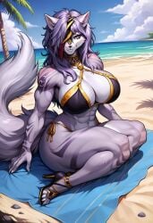 1anthro 1girls ai_generated anthro beach bikini covered_eyes female fire_emblem fire_emblem:_radiant_dawn furry high_heels muscular muscular_anthro muscular_female nailah_(fire_emblem) sitting solo wolf_ears wolf_girl wolf_tail