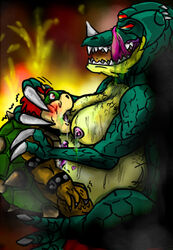 barefoot blush bowser breasts claws color female green_shell green_skin interspecies jiggawhat koopa kraid lactation lava male mario_(series) metroid nintendo nipples open_eyes open_mouth orange_skin red_eyes rule_63 sharp_teeth shell side_view sitting size_difference straight tongue unusual_lactation