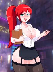 1girls big_ass big_breasts bimbo bimbo_body blush city_background cleavage clipboard cropped deep_cleavage female female_only fully_clothed garter_straps landidzu lingerie mandy_(landidzu) miniskirt mouth_open ponytail red_hair red_lips redesign revealing_clothes screenshot secretary skimpy_clothes skirt stockings thick_thighs thighhighs tight_clothing