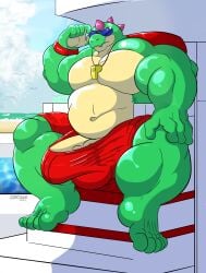 5_fingers 5_toes absurd_res anthro anthro_only bara big_penis brawl_stars bulge buzz_(brawl_stars) dinosaur gay genitals hi_res male male/male muscular muscular_male orcami_(artist) penis reptile scalie solo sunglasses supercell_(company) whistle