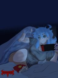 ahoge artist_logo artist_name bed bed_sheet bedroom big_breasts big_thighs blanket blue_eyes blue_hair brock903 chips_(food) cover dark_room dim_lighting gaming holding_bed_sheet human inviting inviting_under_covers inviting_viewer looking_at_viewer nintendo_switch no_panties oc original_character oversized_clothes oversized_shirt pillow playing_videogame posted_by_artist self_upload simple_background simple_shading smile smiling_at_viewer solo solo_female wholesome