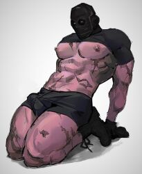 1boy 1male 1man blue_eyes boner_in_underwear boots boxers_(clothing) call_of_duty call_of_duty_modern_warfare_3_(2023) combat_boots erection_under_clothes erection_under_underwear male_only masked_male military muscular_male nikto nipples no_pants pecs pubic_hair scars shirt_pulled_up sitting_on_knees underwear