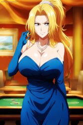 1girls ai_generated alternate_costume alternate_hairstyle arm_gloves armwear artist_name artkoikoi big_breasts bleach blonde_hair blue_dress blue_eyes breasts casino casino_card_table choker cleavage collar commentary curvaceous curves curvy curvy_body curvy_female curvy_figure dress facing_viewer fancy fancy_clothing female female_focus formal formal_clothes front_view gloves hourglass_figure huge_breasts jewelry koikoi large_breasts light-skinned_female light_skin long_gloves long_hair matsumoto_rangiku mommy nai_diffusion necklace no_bra no_bra_under_clothes oppai poker_table ponytail revealing_clothes solo stable_diffusion strapless strapless_dress tied_hair url very_long_hair voluptuous voluptuous_female watermark wavy_hair web_address wide_hips